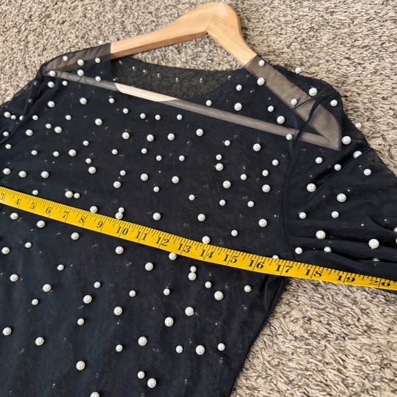 Black Sheer Mesh Faux Pearl Embellished Long Sleeve Top Womens Size Medium - Picture 5 of 6